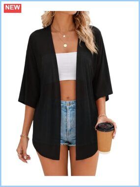 Sheer Polyester Kimono Cardigan Beach Cover Up 3/4 Sleeve Swim Coverup